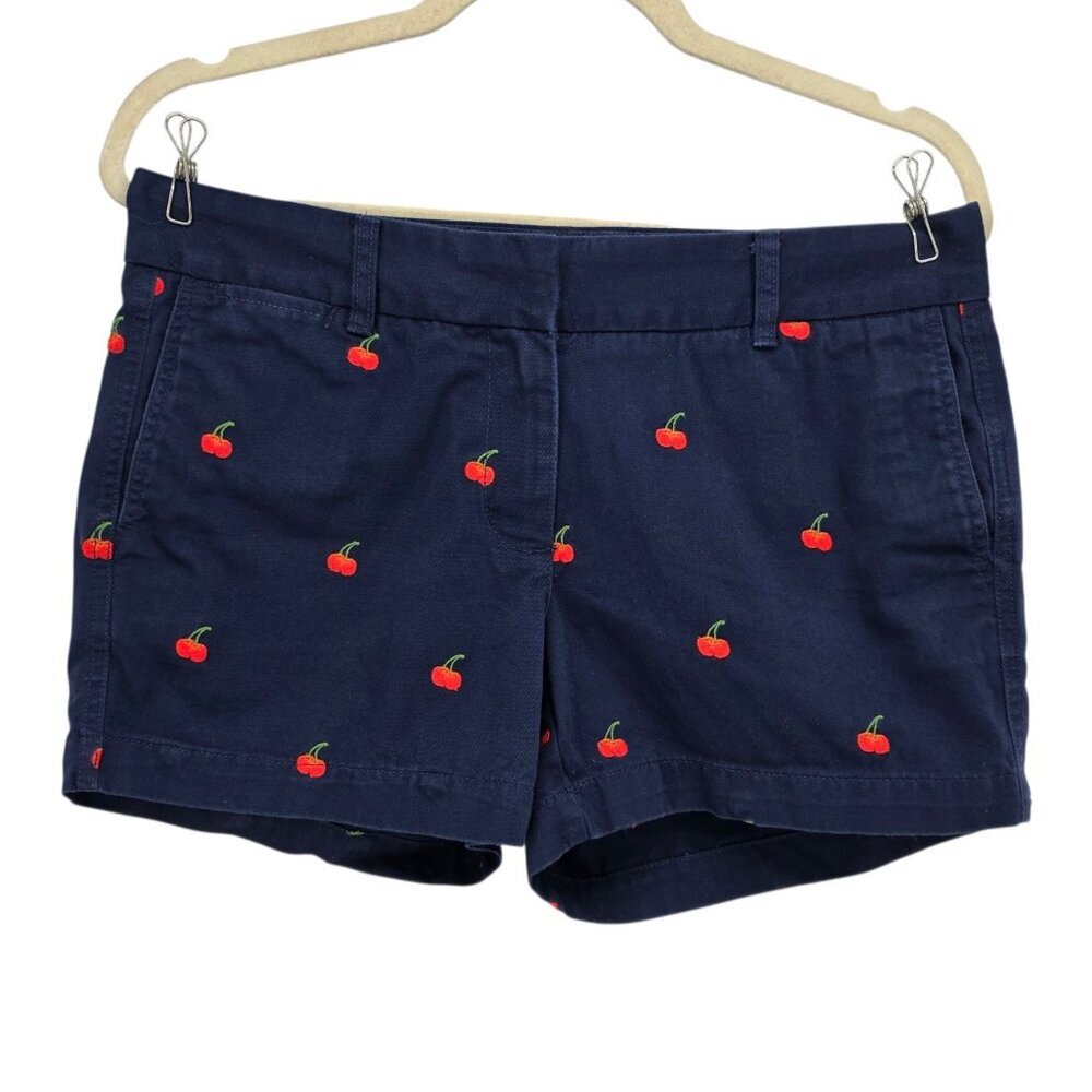 J. Crew Womens 4 Shorts Chino Cherry Embroidered Navy Blue Red Preppy Pockets